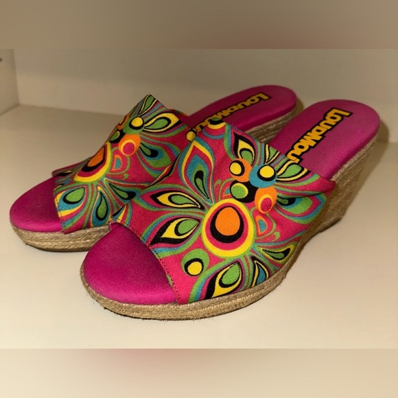 Loudmouth Women Marlene Shagadelic Wedges Sz 6.5M Pink 60s Retro Inspired Fabric - Picture 11 of 14